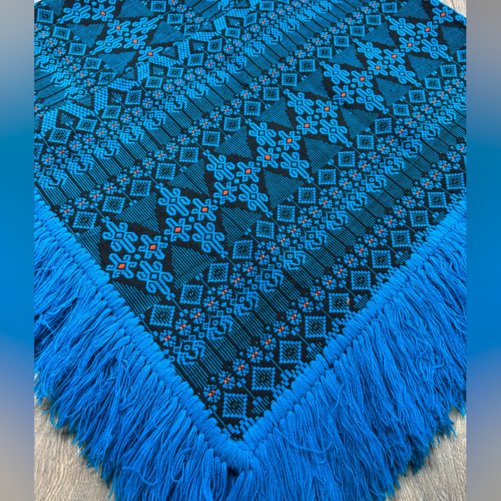 Vintage Guatemalan PONCHO Blue Black Orange Brocade Cotton Blend Hand Loomed - Picture 4 of 14
